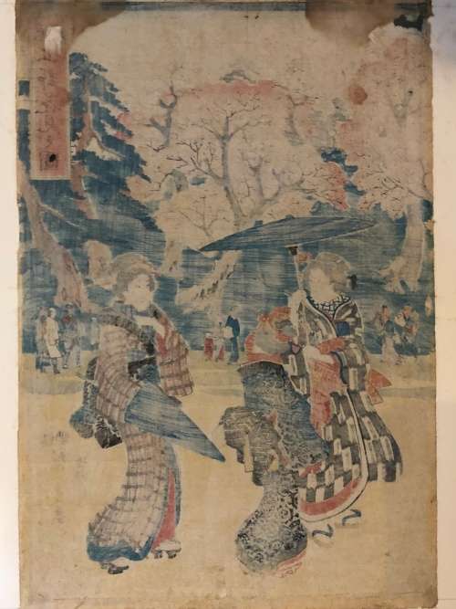 INVESTMENT ART !!! UTAGAWA HIROSHIGE ORIGINAL WOODBLOCK - "CHERRY BLOSSOM VIEWING IN UENO TOKYO"